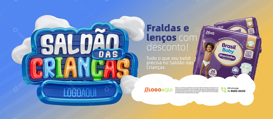Banner Saldão das Crianças Farmácia Fraldas e Lenços com Desconto Social Media PSD Editável