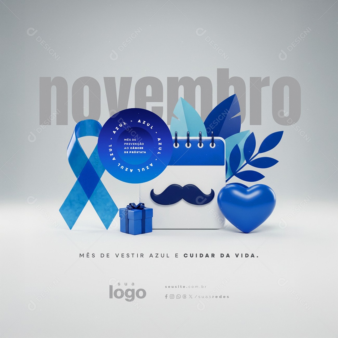Novembro Azul Mês de Vestir Azul e Cuidar da Vida Social Media PSD Editável