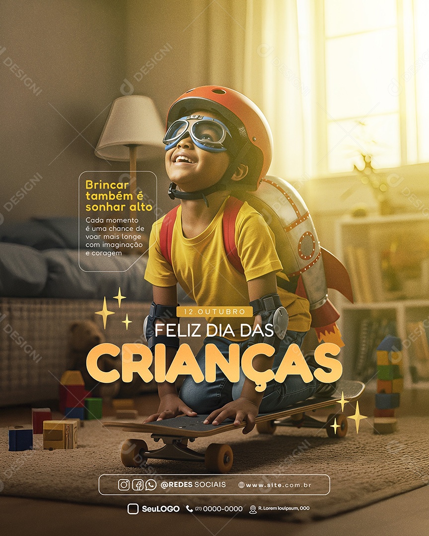 Feliz Dia das Crianças 12 de Outubro Brincar Também é Somhar Alto Feed Social Media PSD Editável