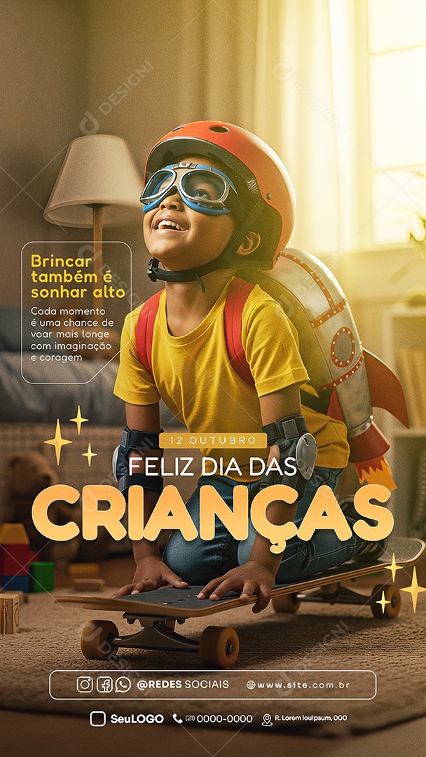 Feliz Dia das Crianças 12 de Outubro Brincar Também é Somhar Alto Story Social Media PSD Editável
