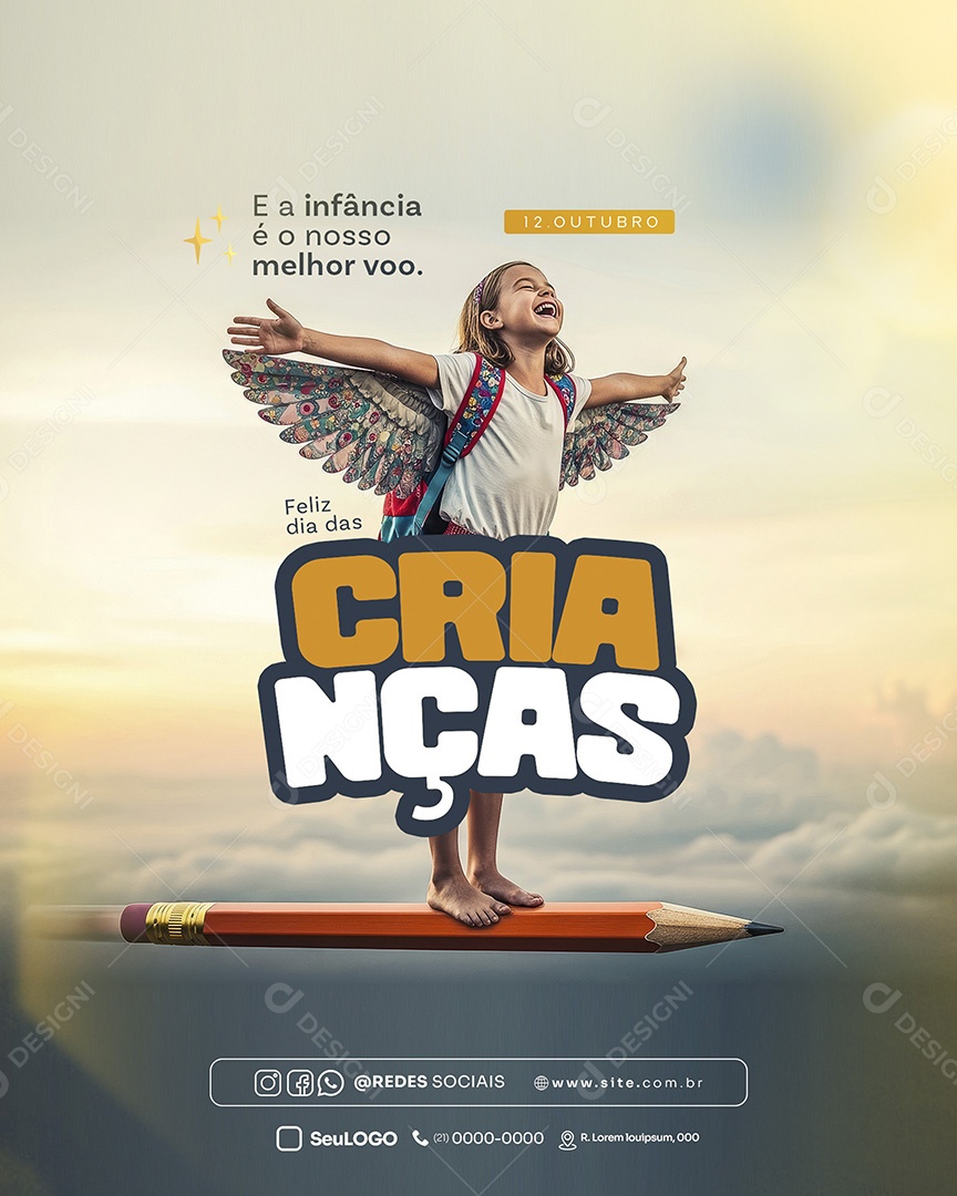 Feliz Dia das Crianças 12 de Outubro e a Infância é o Nosso Melhor Voo Feed Social Media PSD Editável
