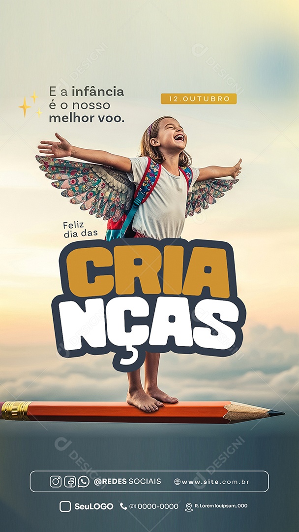 Feliz Dia das Crianças 12 de Outubro e a Infância é o Nosso Melhor Voo Story Social Media PSD Editável