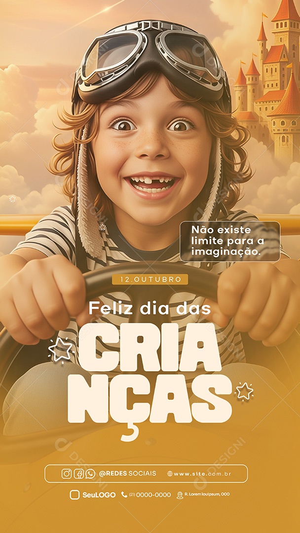 Feliz Dia das Crianças 12 de Outubro Não Existe Limite para a Imaginação Story Social Media PSD Editável