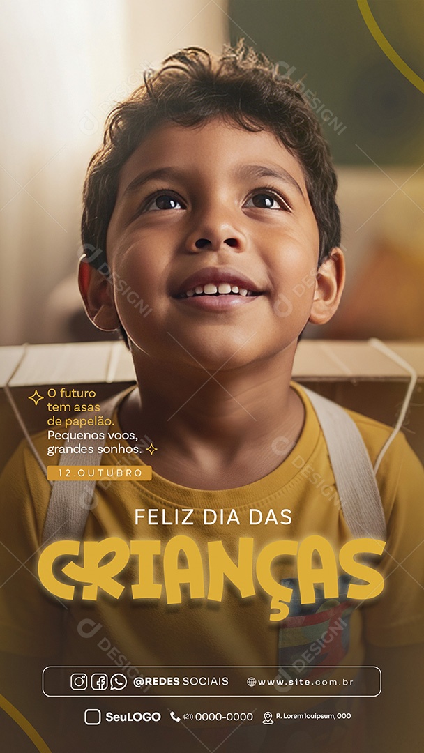 Feliz Dia das Crianças 12 de Outubro o Futuro tem Asas de Papelão Story Social Media PSD Editável