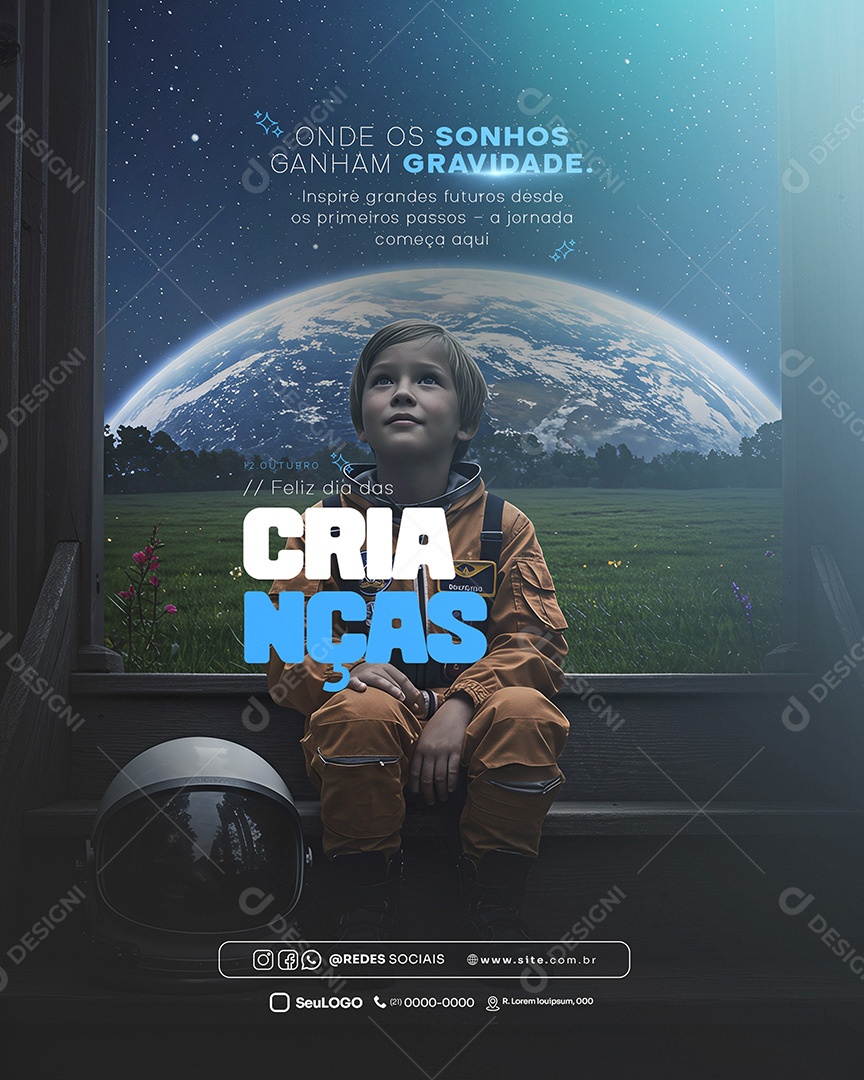 Feliz Dia das Crianças 12 de Outubro Onde os Sonhos Ganham Gravidade Feed Social Media PSD Editável