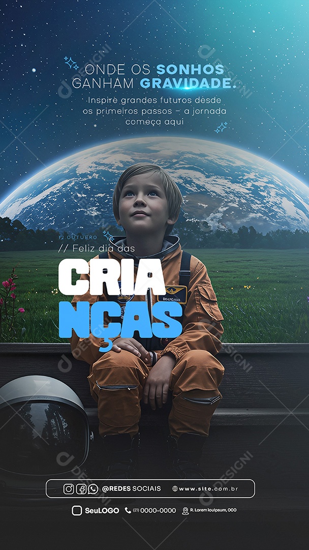 Feliz Dia das Crianças 12 de Outubro Onde os Sonhos Ganham Gravidade Story Social Media PSD Editável