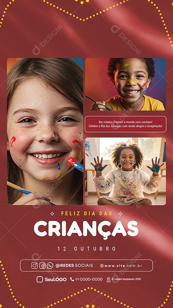 Feliz Dia das Crianças 12 de Outubro ser Crança é Colorir o Mundo Story Social Media PSD Editável