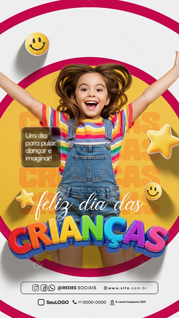 Feliz Dia das Crianças 12 de Outubro um Dia para Pular Dançar e Imaginar Story Social Media PSD Editável