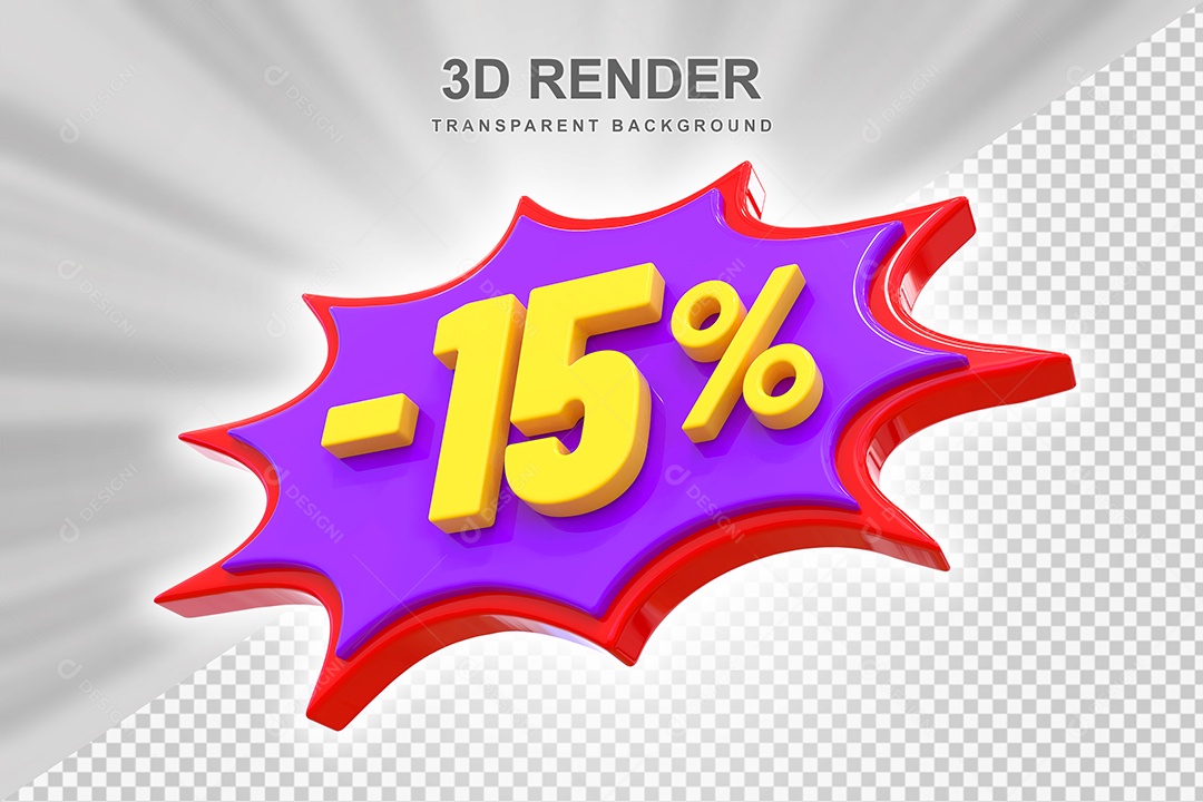 Elemento 3D -15% Vermelho Roxo E Amarelo para Composição PSD Editável