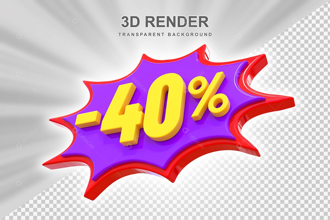 Elemento 3D -40% Vermelho Roxo E Amarelo para Composição PSD Editável
