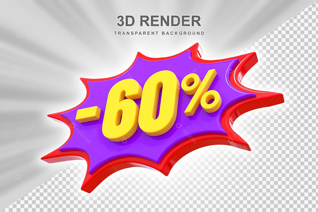 Elemento 3D -60% Vermelho Roxo E Amarelo para Composição PSD Editável