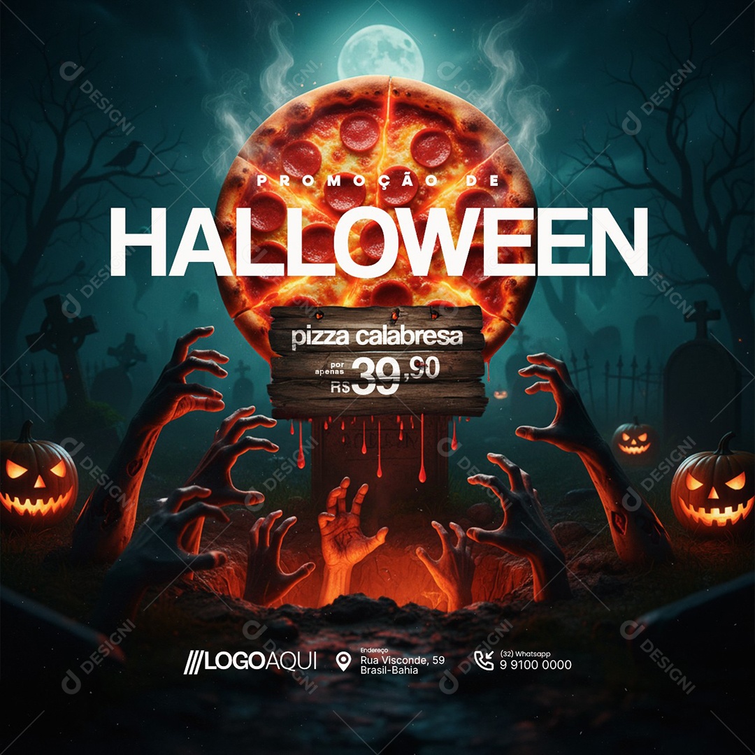 Pizzaria Promoção de Halloween Pizza Calabresa Social Media PSD Editável