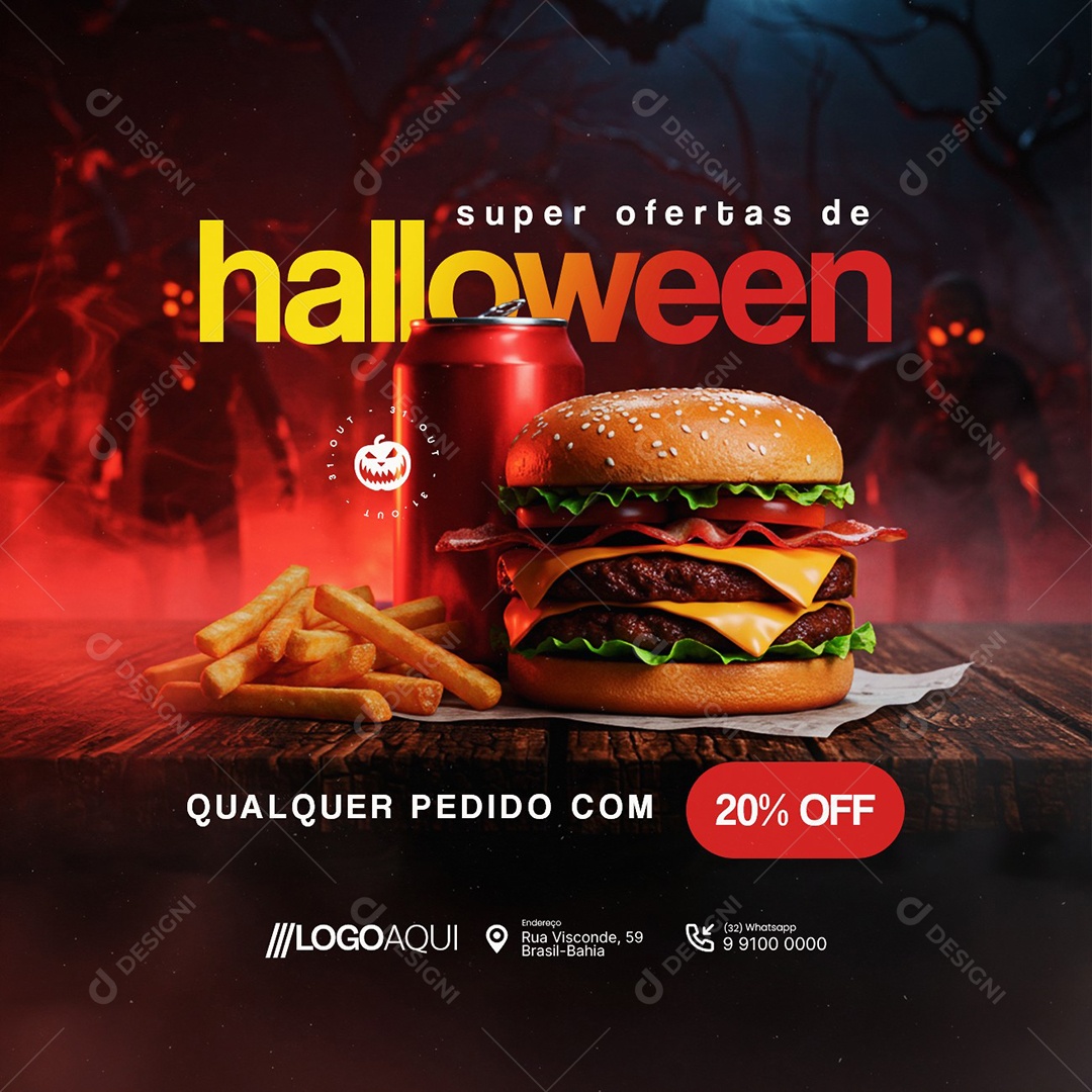 Hamburgueria Super Ofertas de Halloween Qualquer Pedido com 20% Off Social Media PSD Editável