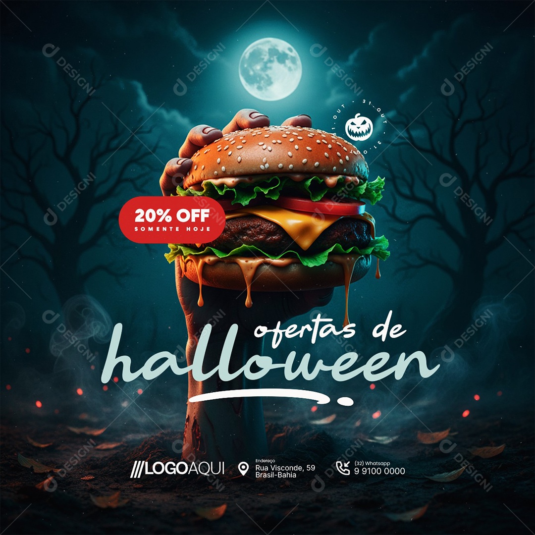 Hamburgueria Ofertas de Halloween 20% Off Somente Hoje Social Media PSD Editável
