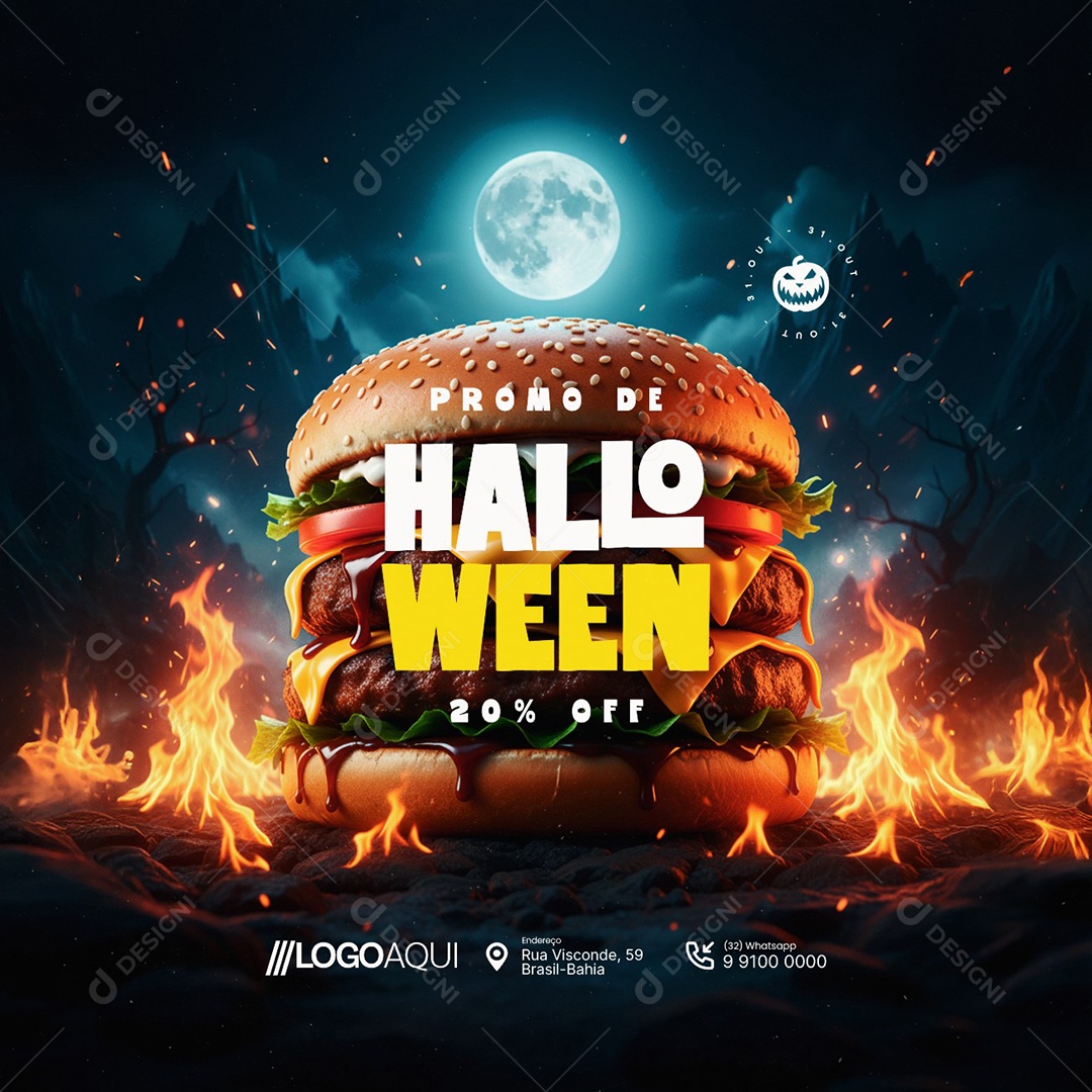 Hamburgueria Promo de Halloween 20% Off Social Media PSD Editável