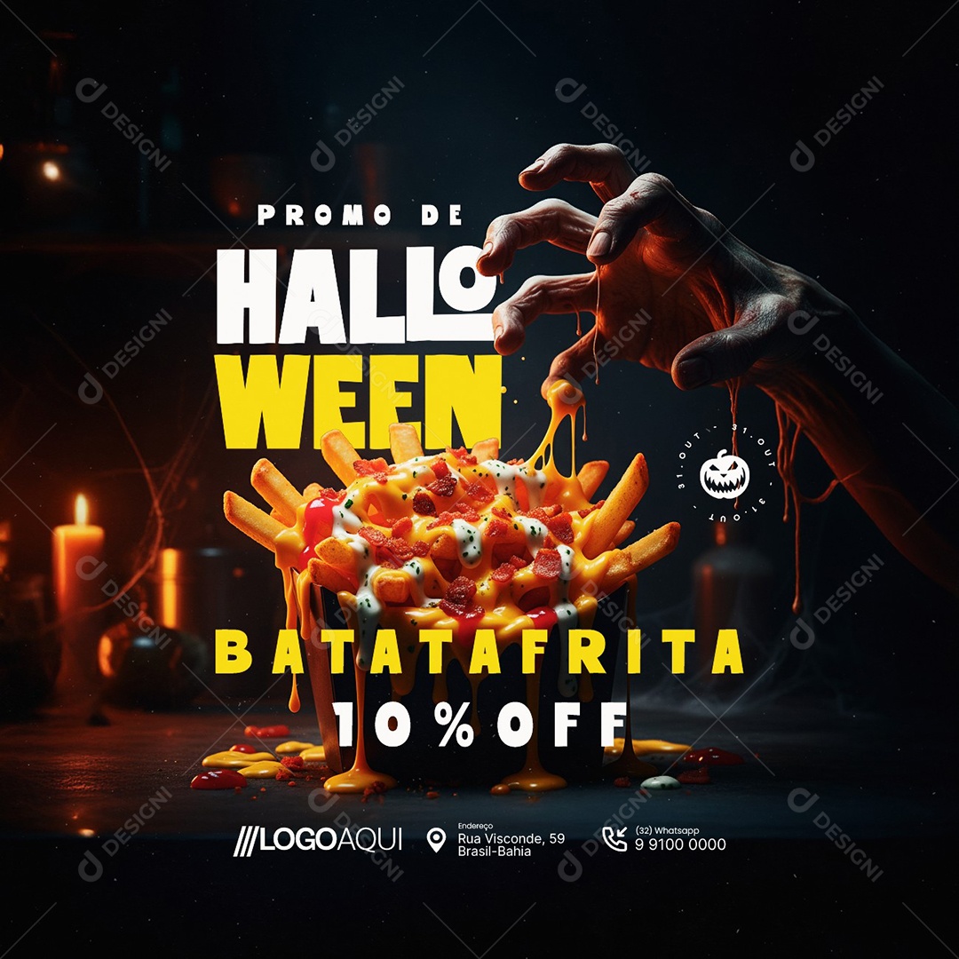 Hamburgueria Promo de Halloween Batata Frita 10% Off Social Media PSD Editável