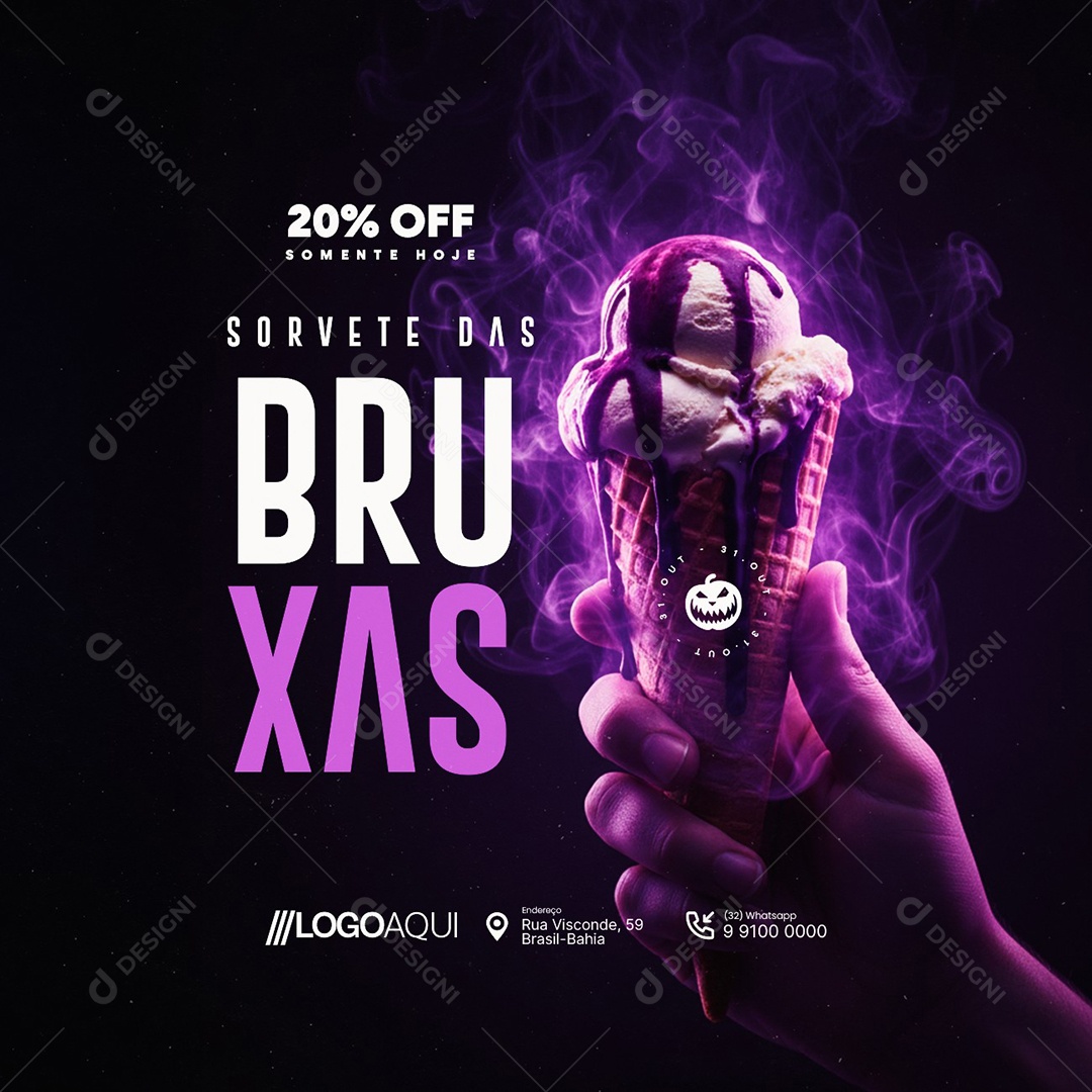 Sorveteria Halloween Sorvete das Bruxas 20% Off Somente Hoje Social Media PSD Editável