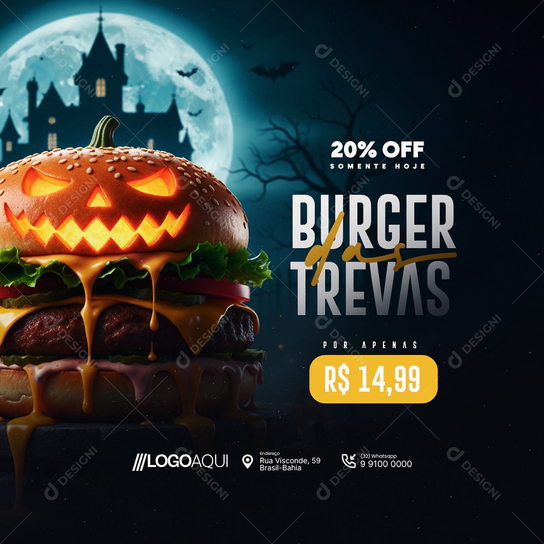 Hamburgueria Halloween Burger das Trevas 20% Off Somente Hoje Social Media PSD Editável
