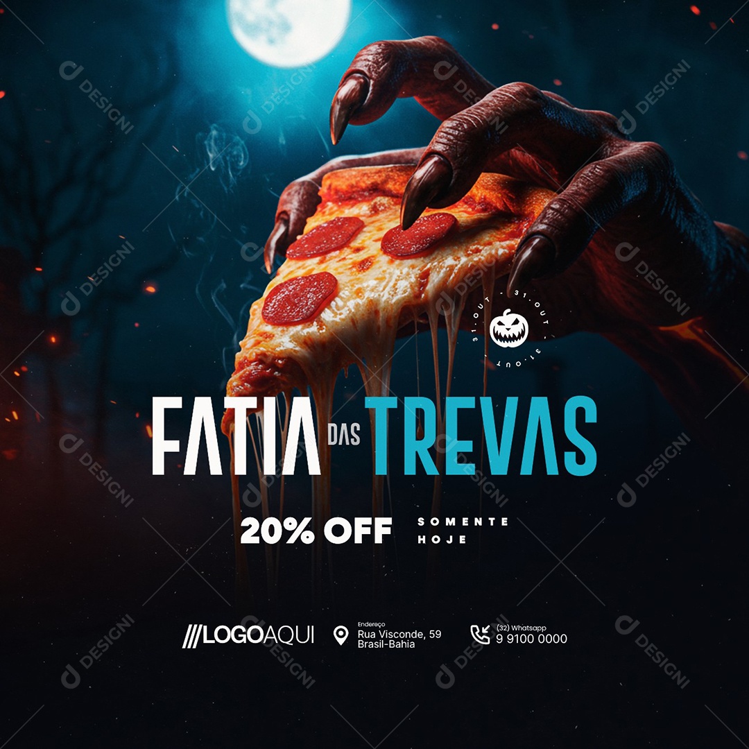 Pizzaria Halloween Fatia das Trevas 20% Off Somente Hoje Social Media PSD Editável