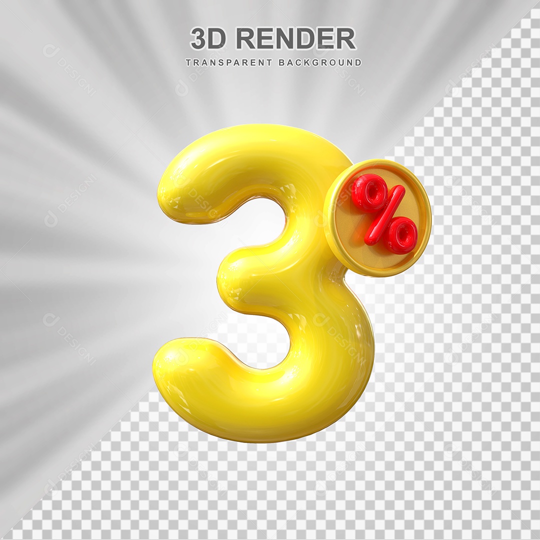 Elemento 3D 3% Amarelo para Composição PSD Editável