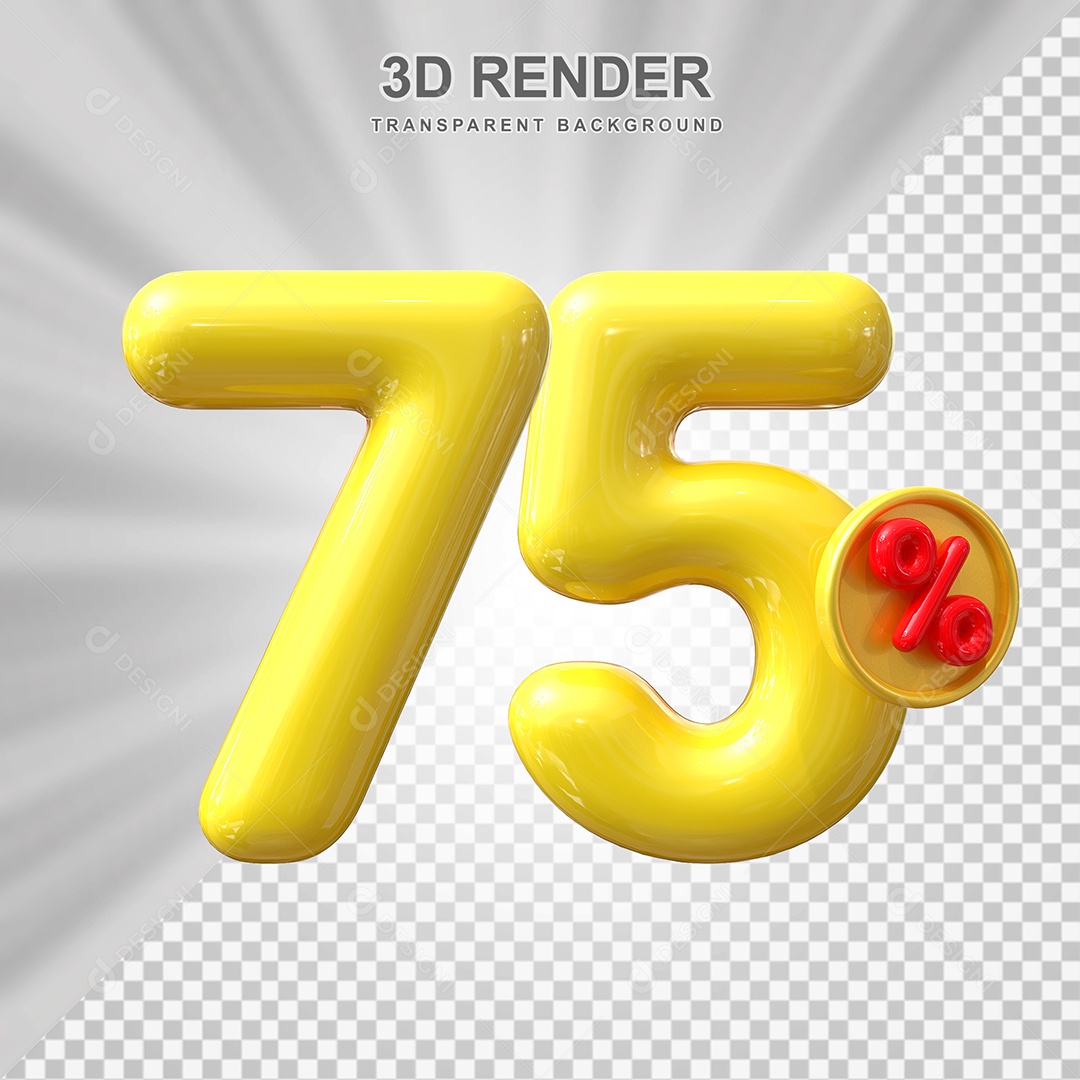 Elemento 3D 75% Amarelo para Composição PSD Editável