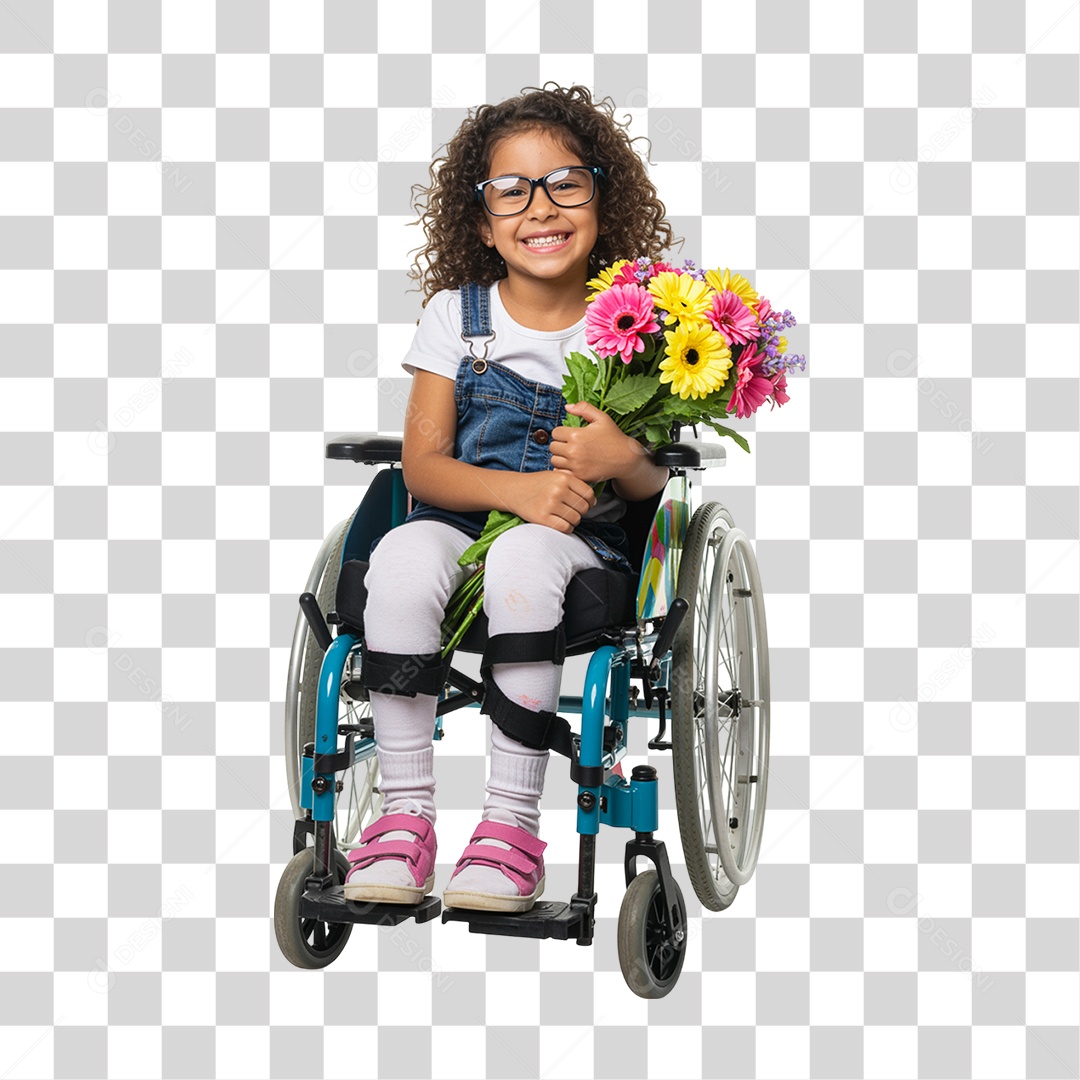 Criança em Cadeira de Rodas Segurando Flores PNG Transparente