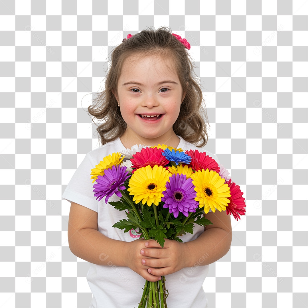 Criança com síndrome de Down Segurando Flores PNG Transparente
