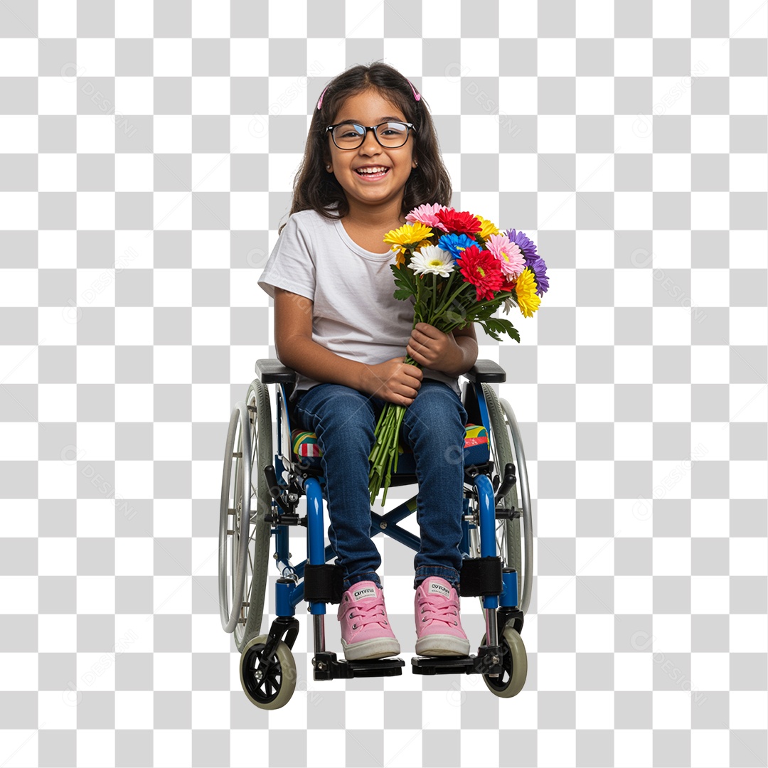 Criança em Cadeira de Rodas Segurando Flores PNG Transparente