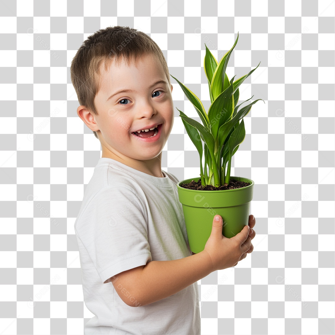 Criança com síndrome de Down Segurando um Vaso de Plantas PNG Transparente