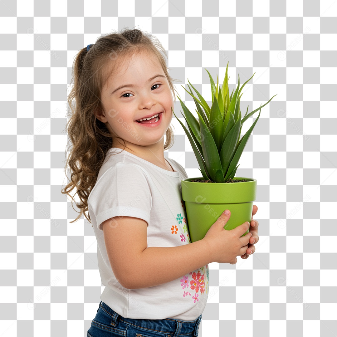 Criança com síndrome de Down Segurando um Vaso de Plantas PNG Transparente