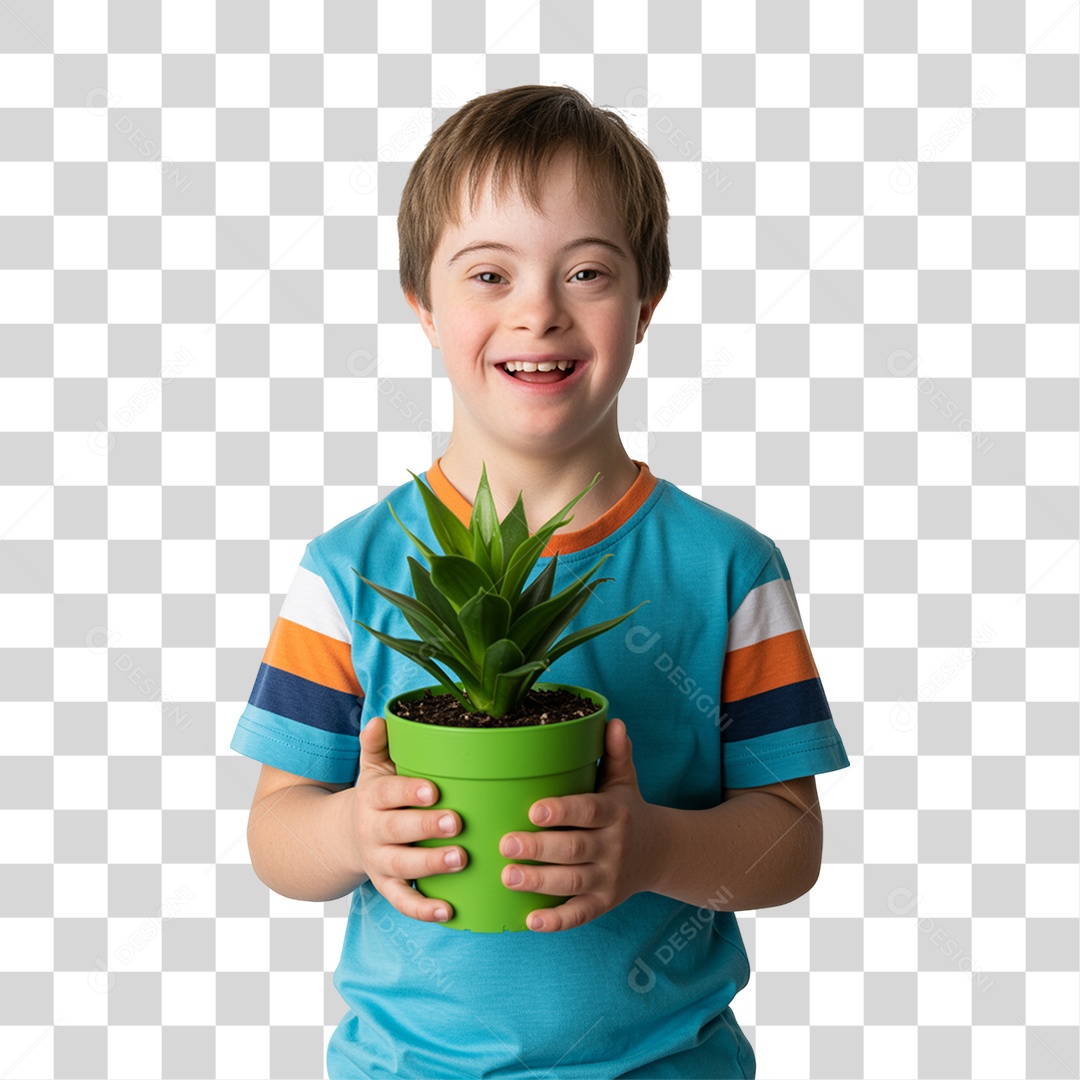 Criança com síndrome de Down Segurando um Vaso de Plantas PNG Transparente