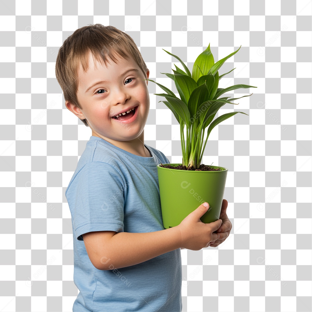 Criança com síndrome de Down Segurando um Vaso de Plantas PNG Transparente