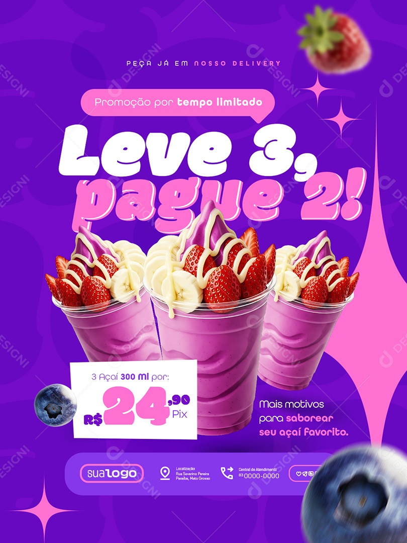 Açaiteria Leve Três Pague Dois Social Media PSD Editável