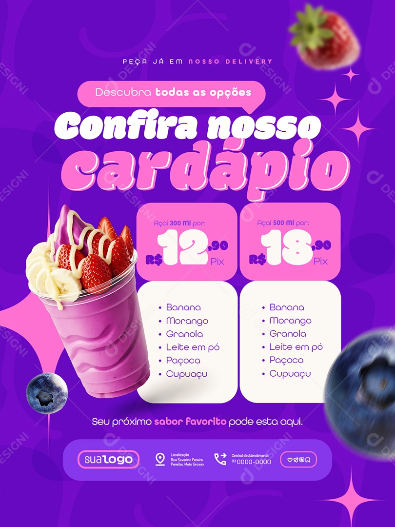 Açaiteria Confira Nosso Cardápio Social Media PSD Editável