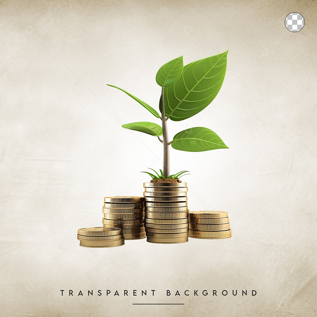 Elemento 3D Muda de Planta Em cima de Moedas para Composição PSD