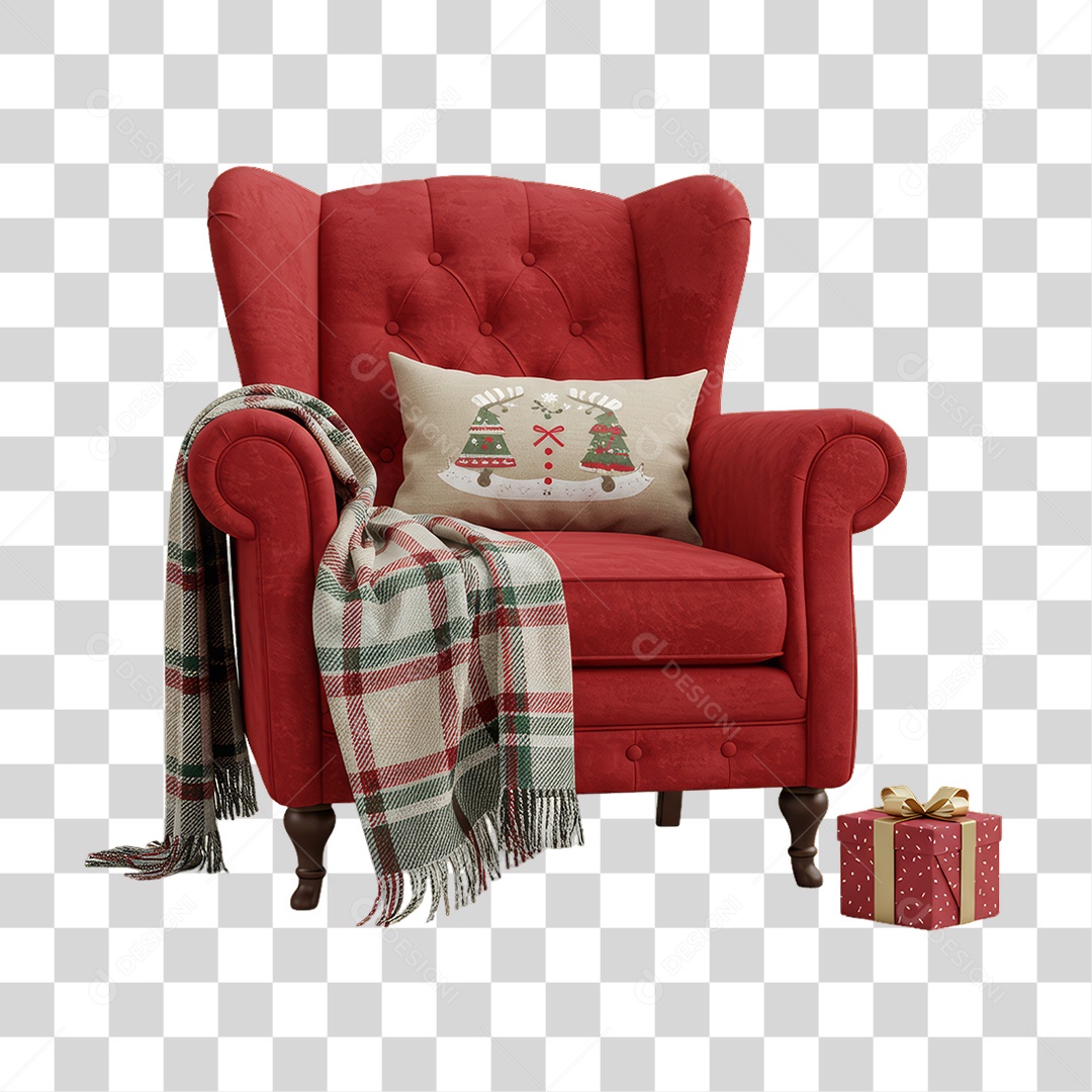 Sofá Vermelho com Lençol e Presente para Decoração de Natal PNG Transparente