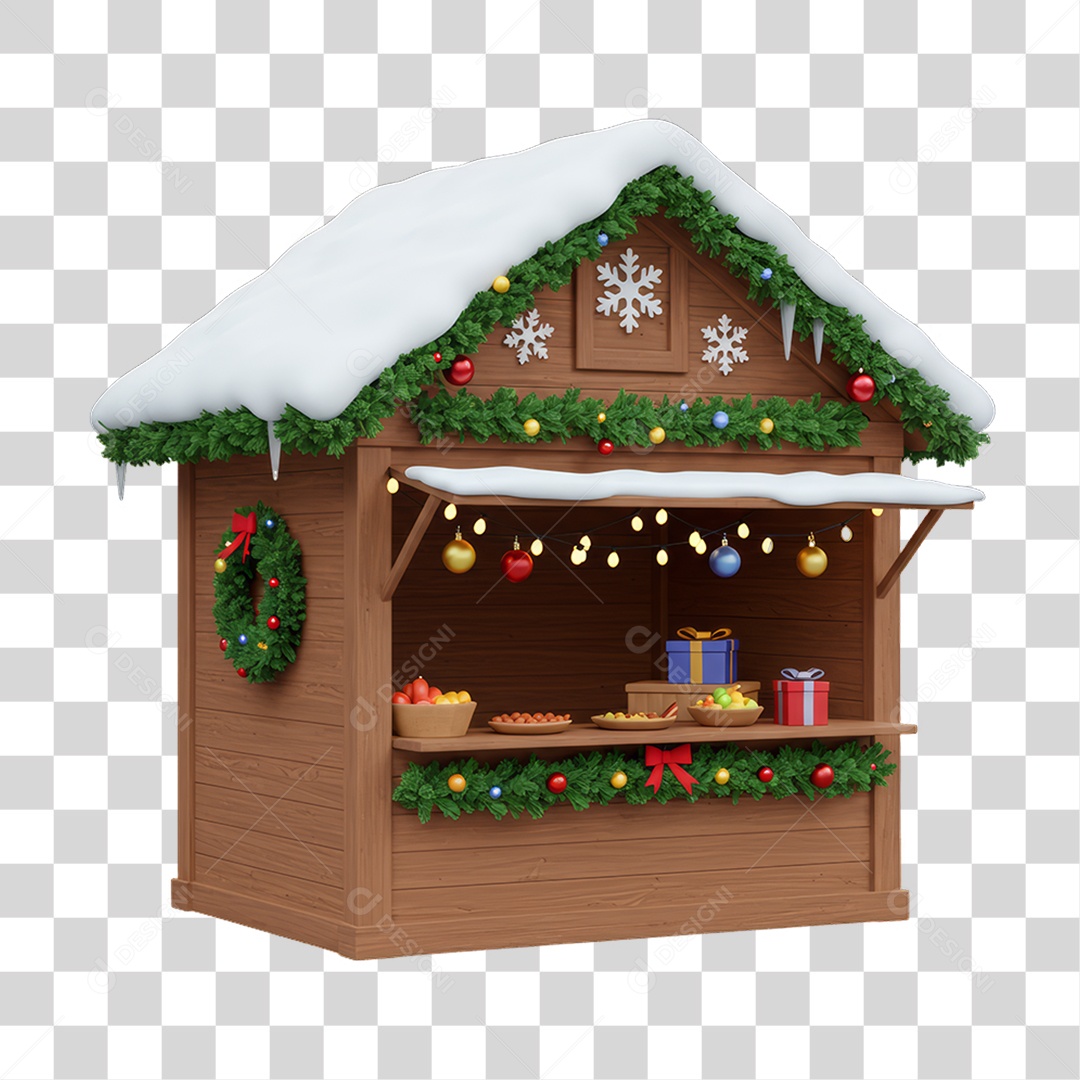 Casinha de Madeira com Decoração de Natal PNG Transparente