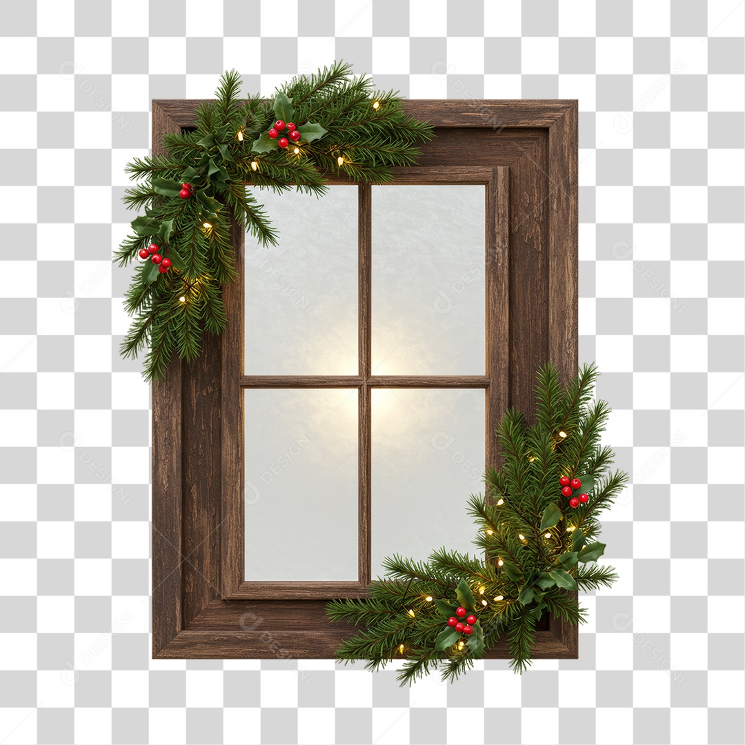 Janela de Madeira com Decoração de Natal PNG Transparente
