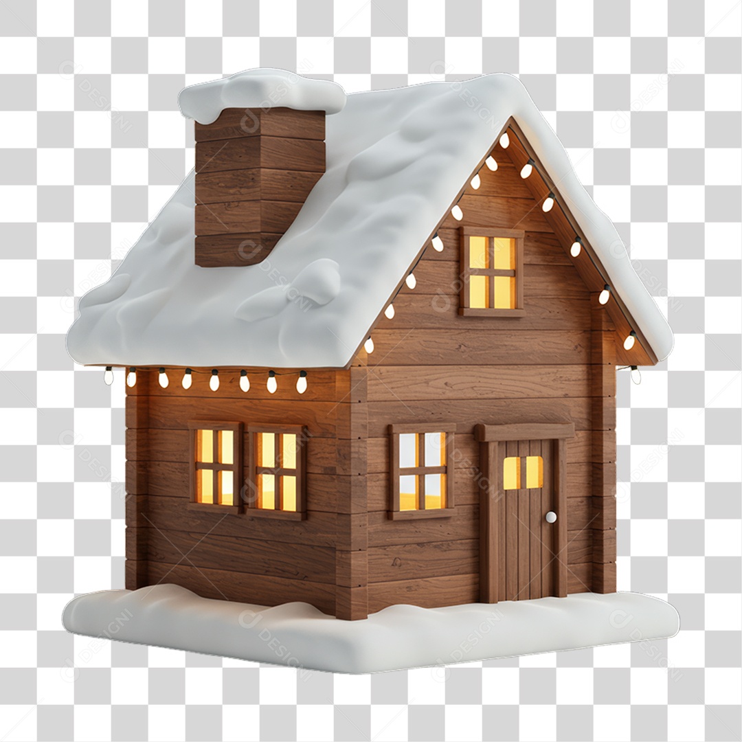 Casa de Madeira com Neve e Decoração de Natal PNG Transparente