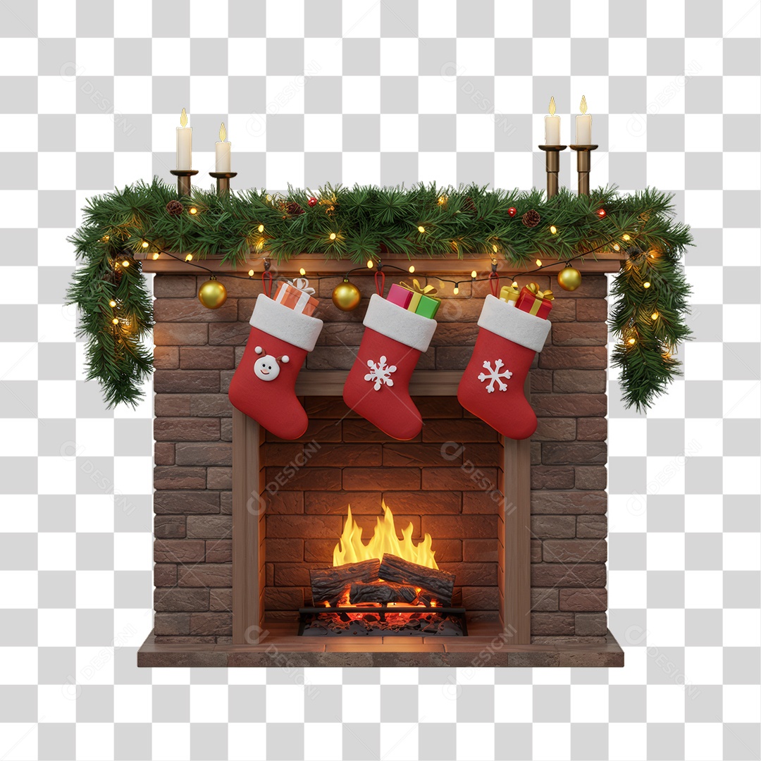 Lareira com Decoração de Natal PNG Transparente