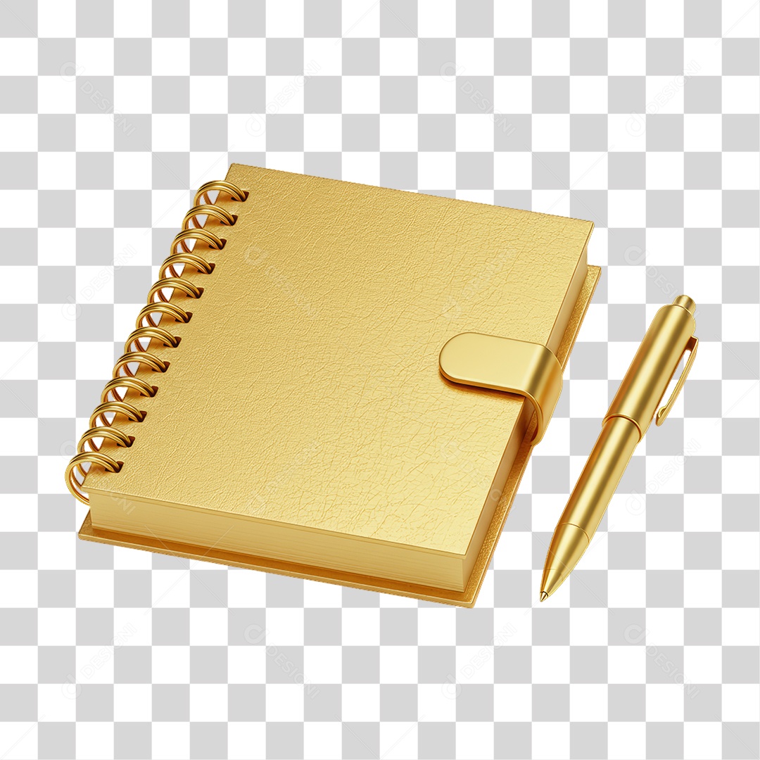 Agenda e Caneta Dourada PNG Transparente