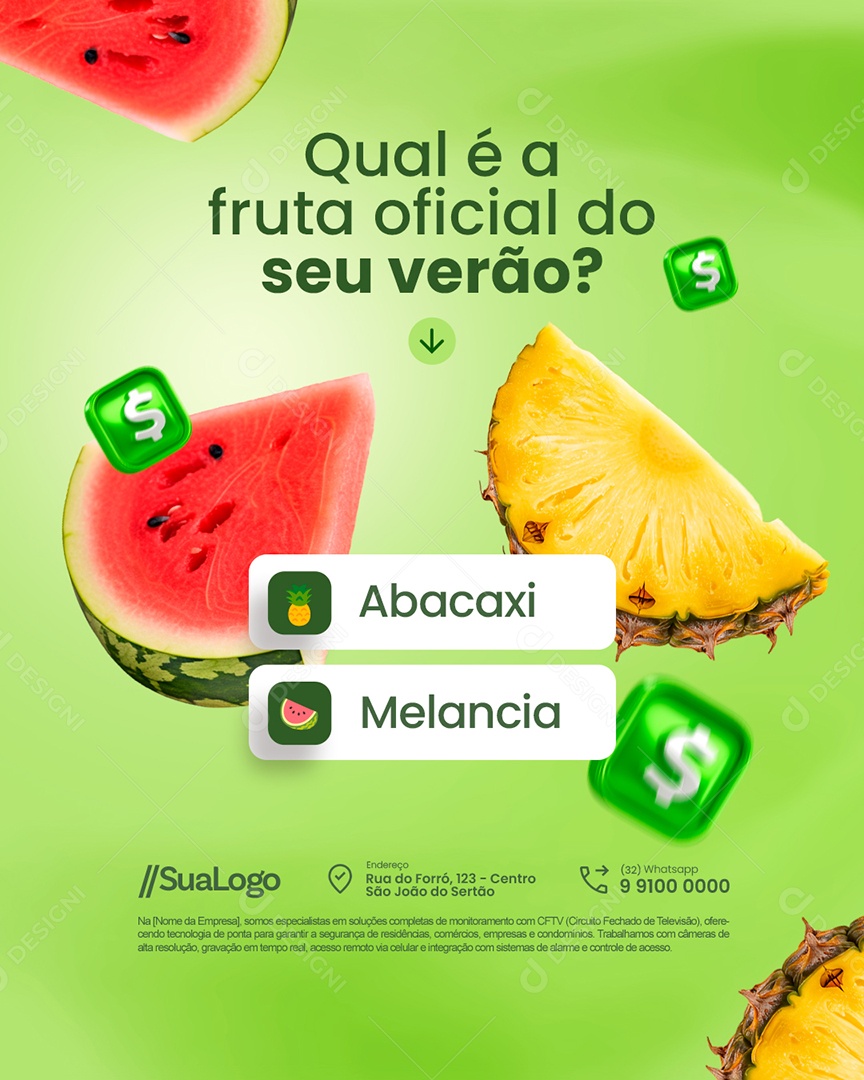 Hortifruti é Dia de Feira Qual é a Fruta Oficial do Seu Verão Abacaxi ou Melancia Social Media PSD Editável