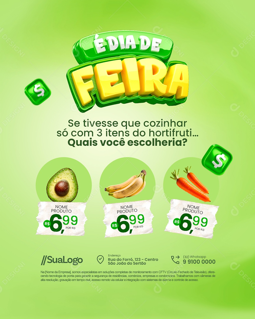 Hortifruti é Dia de Feira Abacate Banana e Cenoura Quais Você Escolheria Social Media PSD Editável