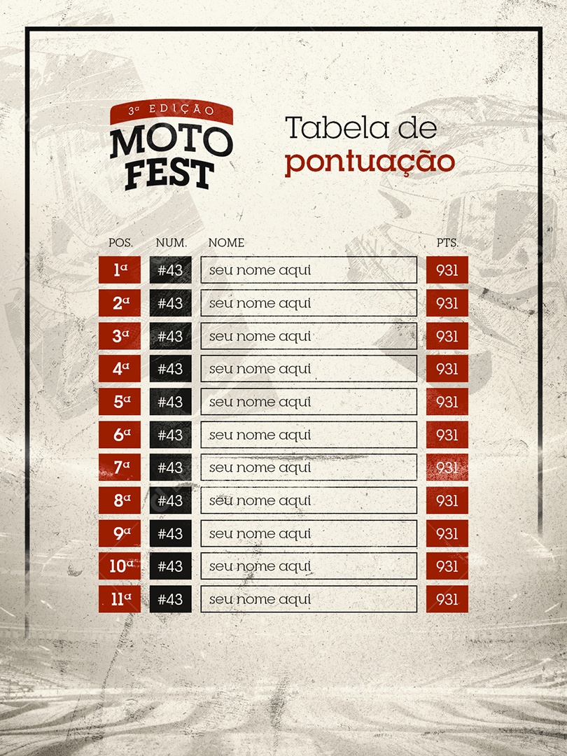 Moto Fest Tabela de Pontuação Social Media PSD Editável