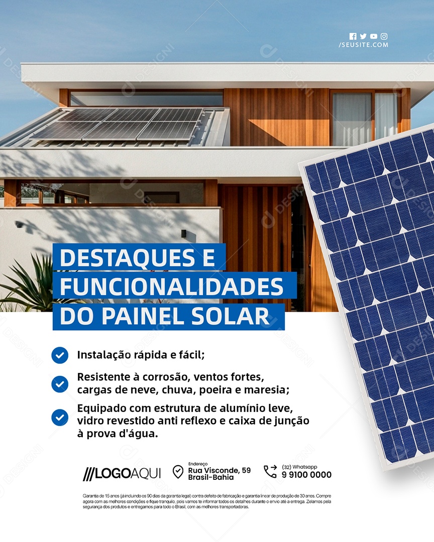 Energia Solar Destaques e Funcionalidades do Painel Solar Social Media PSD Editável