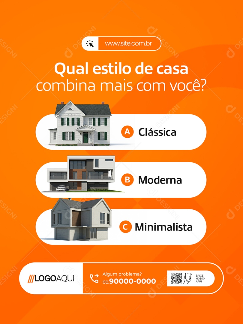 Construtora Qual Estilo de Casa Combina Mais com Você Clássica Moderna Social Media PSD Editável