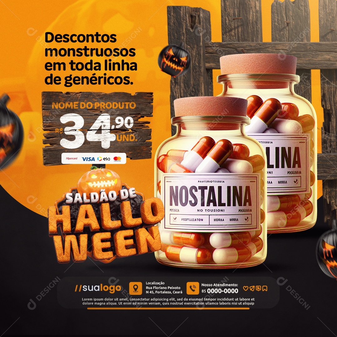 Farmácia Saldão de Halloween Descontos Monstruosos Social Media PSD Editável