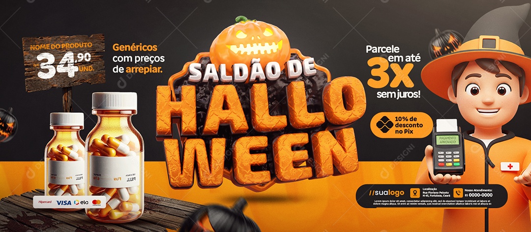 Banner Farmácia Saldão de Halloween Genéricos com Preços de Arrepiar Social Media PSD Editável
