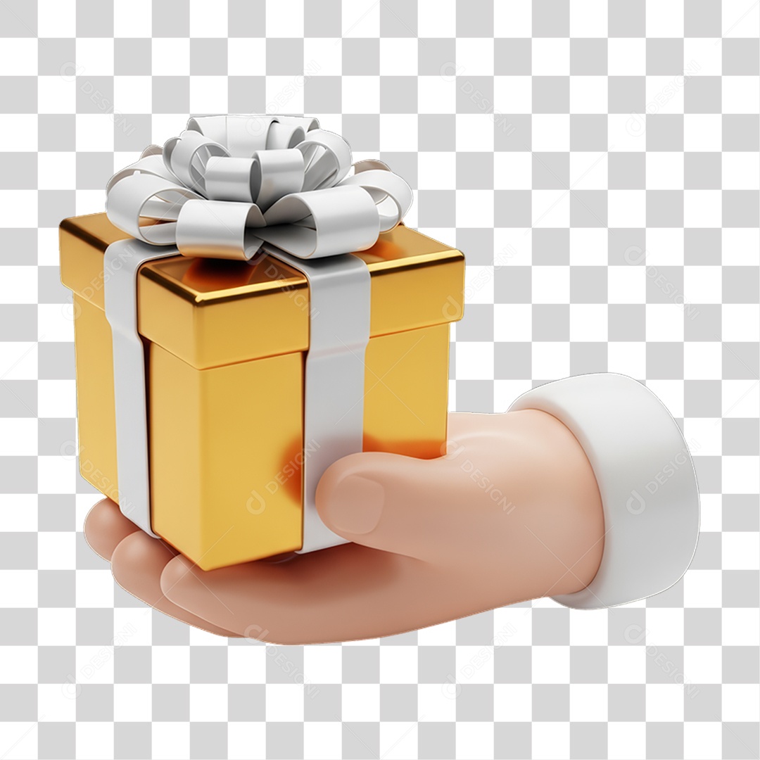 Mão com Caixa de Presente Dourada PNG Transparente