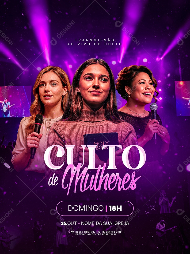 Flyer Gospel Culto de Mulheres Social Media PSD Editável